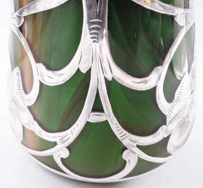  Loetz Glass Antique Loetz Art Nouveau Orange Green Silver Overlay Vase