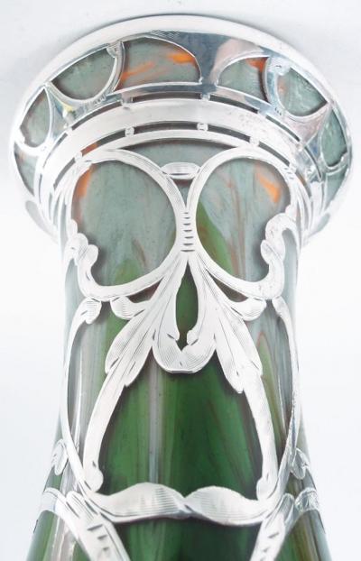  Loetz Glass Antique Loetz Art Nouveau Orange Green Silver Overlay Vase