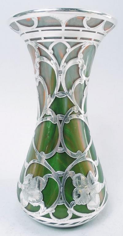  Loetz Glass Antique Loetz Art Nouveau Orange Green Silver Overlay Vase