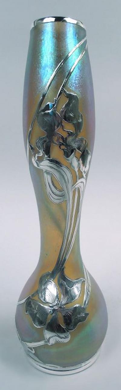  Loetz Loetz Tall Art Nouveau Iridescent Vase with Floral Silver Overlay