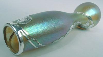  Loetz Loetz Tall Art Nouveau Iridescent Vase with Floral Silver Overlay