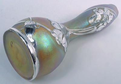  Loetz Loetz Tall Art Nouveau Iridescent Vase with Floral Silver Overlay