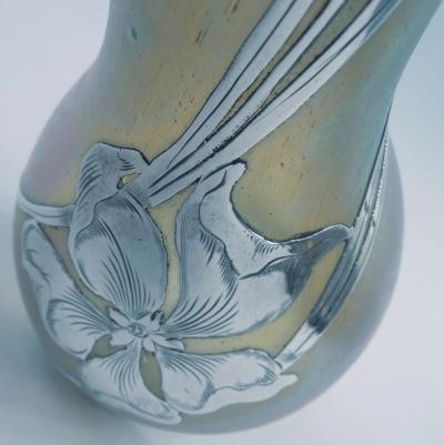  Loetz Loetz Tall Art Nouveau Iridescent Vase with Floral Silver Overlay