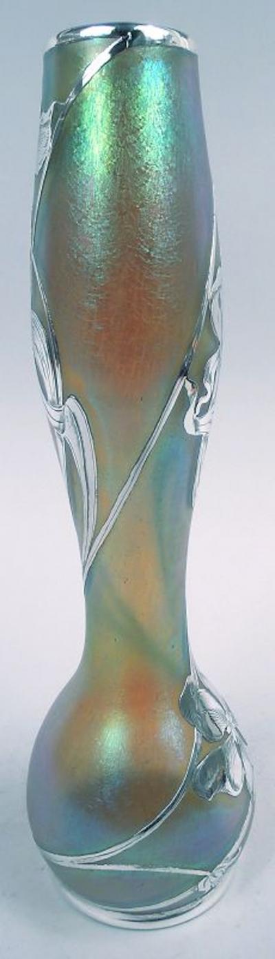  Loetz Loetz Tall Art Nouveau Iridescent Vase with Floral Silver Overlay