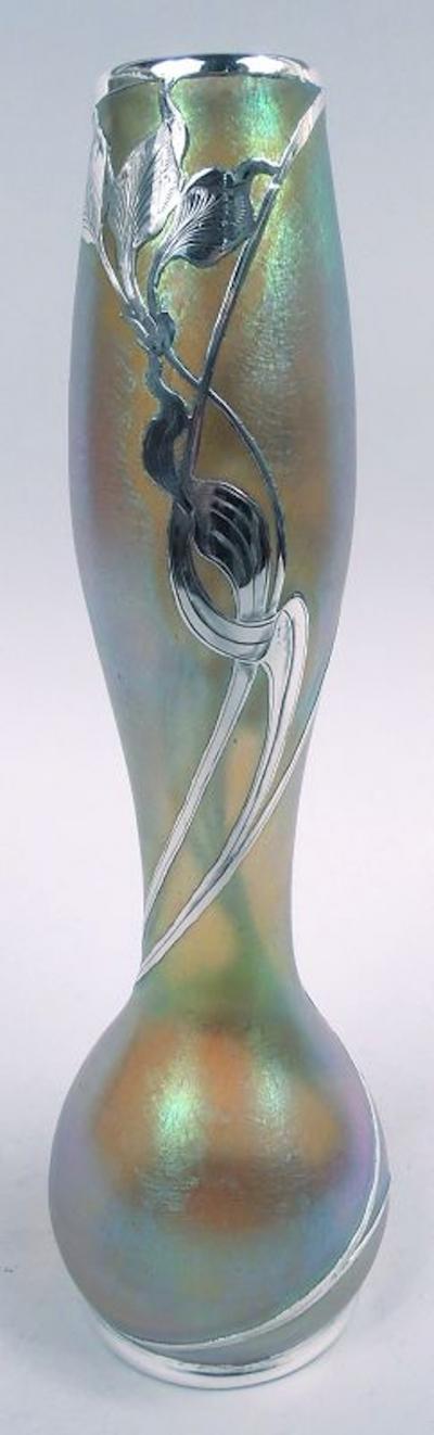  Loetz Loetz Tall Art Nouveau Iridescent Vase with Floral Silver Overlay