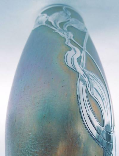  Loetz Loetz Tall Art Nouveau Iridescent Vase with Floral Silver Overlay