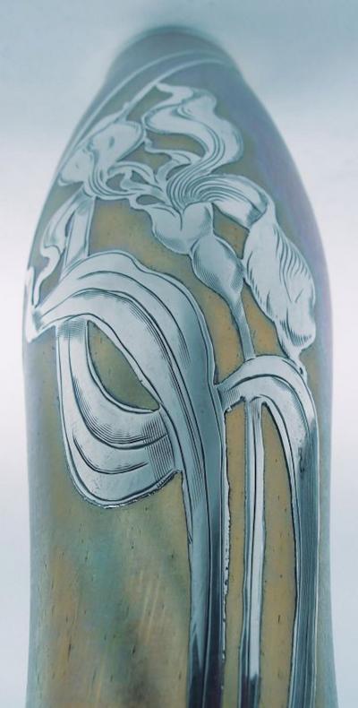  Loetz Loetz Tall Art Nouveau Iridescent Vase with Floral Silver Overlay