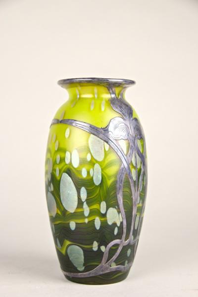  Loetz Loetz Witwe Glass Vase Cytisus Yellow with Silver Overlay CZ circa 1902
