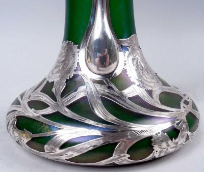  Loetz Tall Loetz Art Nouveau Green Vase with Alvin Silver Overlay