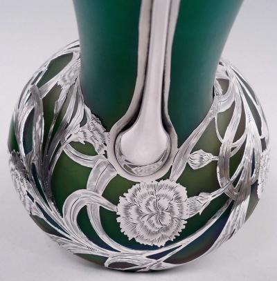  Loetz Tall Loetz Art Nouveau Green Vase with Alvin Silver Overlay