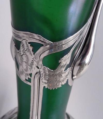 Loetz Tall Loetz Art Nouveau Green Vase with Alvin Silver Overlay