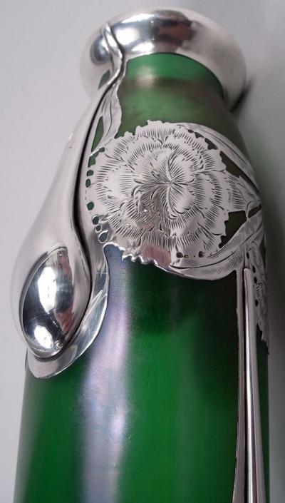  Loetz Tall Loetz Art Nouveau Green Vase with Alvin Silver Overlay