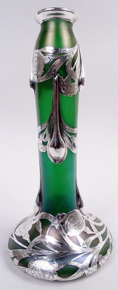  Loetz Tall Loetz Art Nouveau Green Vase with Alvin Silver Overlay