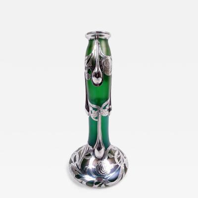  Loetz Tall Loetz Art Nouveau Green Vase with Alvin Silver Overlay