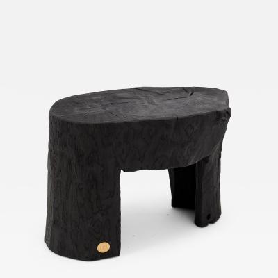  Logniture Rustic Sculptural Side Table Burnt Black Wood Carved Unique Logniture