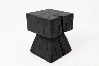  Logniture Sculptural Hardwood Side Table Stool Charred Wood Hand Carved Logniture