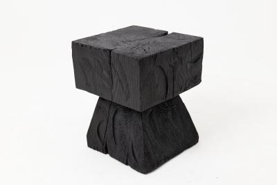  Logniture Sculptural Hardwood Side Table Stool Charred Wood Hand Carved Logniture