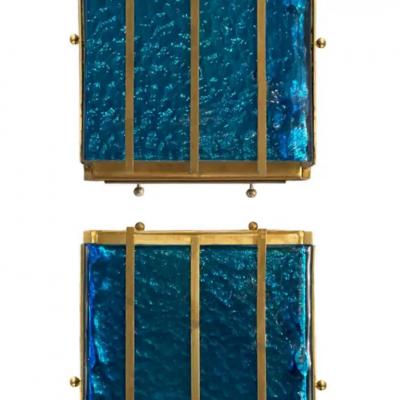  Longobard Contemporary Cerulean Blue Murano Glass Sconces with Brass Baguette Details