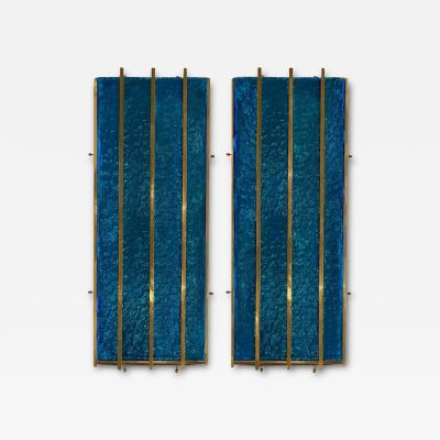  Longobard Contemporary Cerulean Blue Murano Glass Sconces with Brass Baguette Details