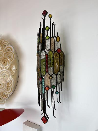  Longobard Extra Large Hammered Glass Wrought Iron Sconce by Longobard Italy 1970s