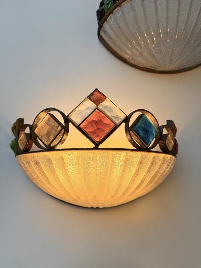 Longobard Hammered Glass Wrought Iron Murano Glass Sconce by Longobard Italy 1970s
