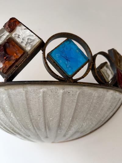 Longobard Hammered Glass Wrought Iron Murano Glass Sconce by Longobard Italy 1970s