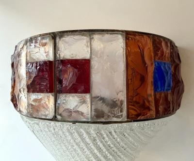  Longobard Hammered Glass Wrought Iron Murano Glass Sconce by Longobard Italy 1970s