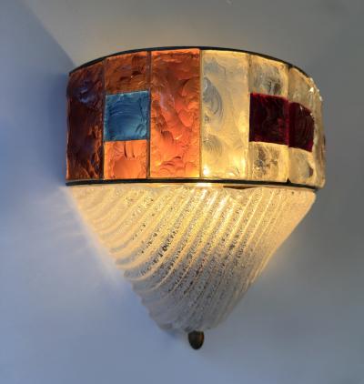  Longobard Hammered Glass Wrought Iron Murano Glass Sconce by Longobard Italy 1970s