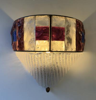  Longobard Hammered Glass Wrought Iron Murano Glass Sconce by Longobard Italy 1970s