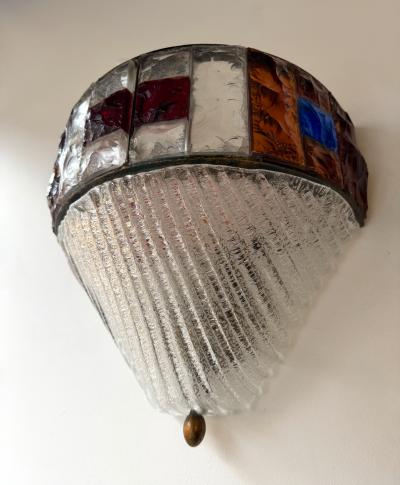  Longobard Hammered Glass Wrought Iron Murano Glass Sconce by Longobard Italy 1970s