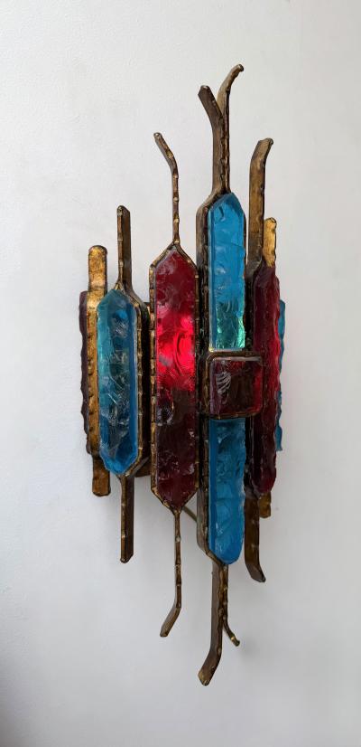  Longobard Hammered Glass Wrought Iron Sconce by Longobard Italy 1970s