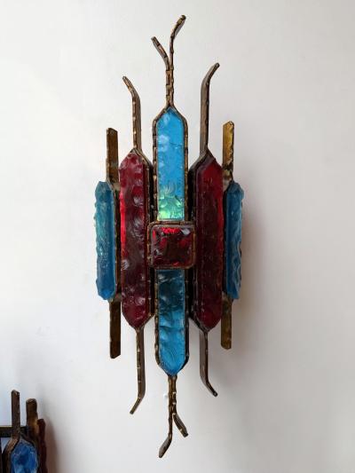  Longobard Hammered Glass Wrought Iron Sconce by Longobard Italy 1970s