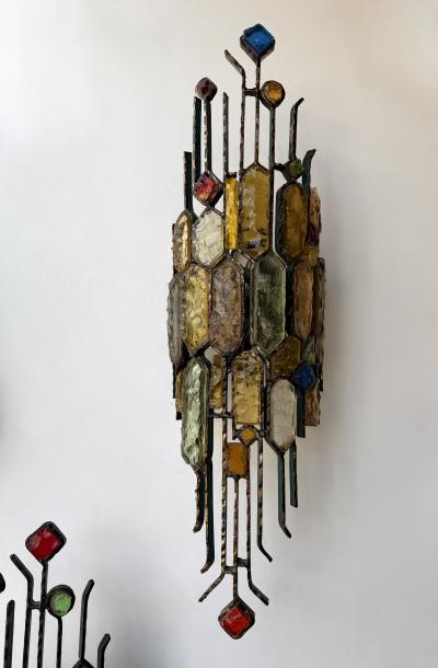  Longobard Hammered Glass Wrought Iron Sconce by Longobard Italy 1970s