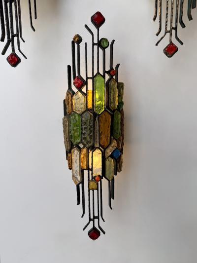  Longobard Hammered Glass Wrought Iron Sconce by Longobard Italy 1970s