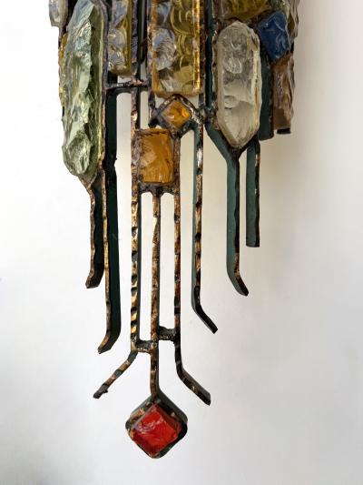  Longobard Hammered Glass Wrought Iron Sconce by Longobard Italy 1970s