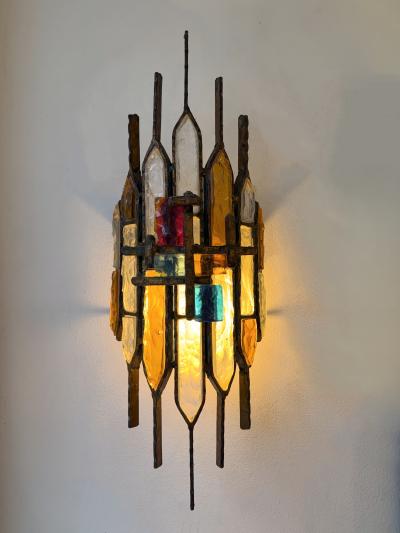  Longobard Hammered Glass Wrought Iron Sconce by Longobard Italy 1970s