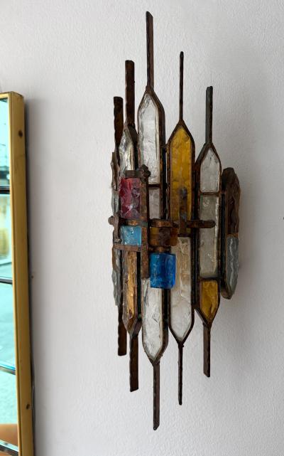  Longobard Hammered Glass Wrought Iron Sconce by Longobard Italy 1970s