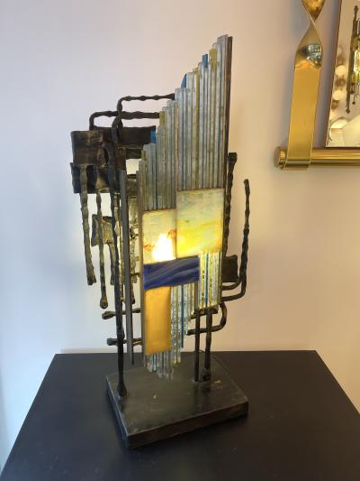  Longobard Hammered Glass Wrought Iron Sculpture Lamp by Longobard Italy 1970s