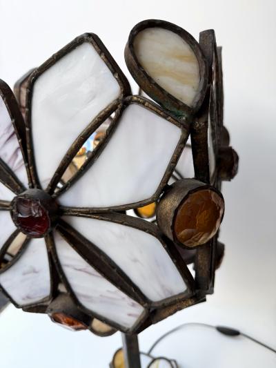  Longobard Large Hammered Glass Wrought Iron Flower Lamp by Longobard Italy 1970s