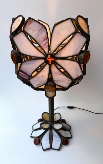  Longobard Large Hammered Glass Wrought Iron Flower Lamp by Longobard Italy 1970s
