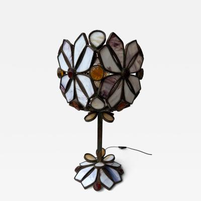  Longobard Large Hammered Glass Wrought Iron Flower Lamp by Longobard Italy 1970s