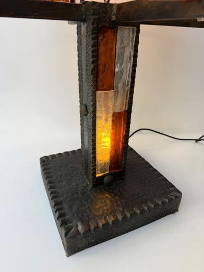  Longobard Large Hammered Glass Wrought Iron Lamp by Longobard Italy 1970s