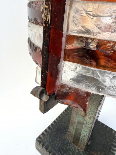  Longobard Large Hammered Glass Wrought Iron Lamp by Longobard Italy 1970s