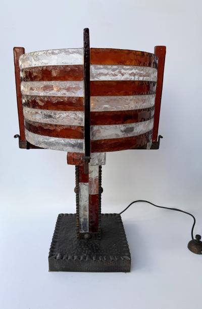  Longobard Large Hammered Glass Wrought Iron Lamp by Longobard Italy 1970s