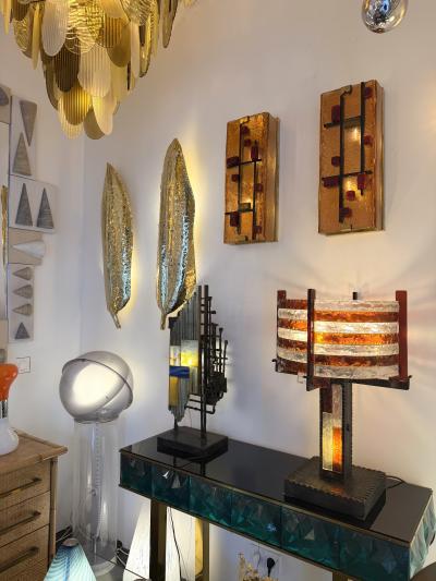  Longobard Large Hammered Glass Wrought Iron Lamp by Longobard Italy 1970s