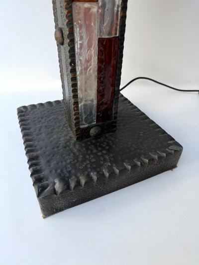  Longobard Large Hammered Glass Wrought Iron Lamp by Longobard Italy 1970s