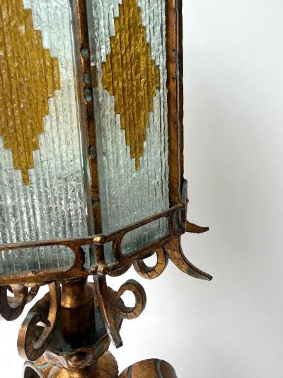  Longobard Large Hammered Glass Wrought Iron Lantern Lamp by Longobard Italy 1970s