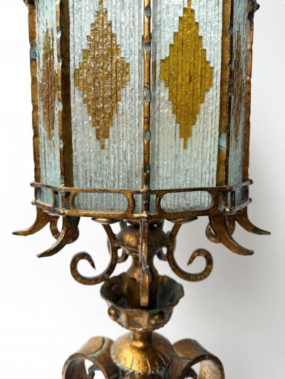  Longobard Large Hammered Glass Wrought Iron Lantern Lamp by Longobard Italy 1970s