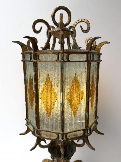  Longobard Large Hammered Glass Wrought Iron Lantern Lamp by Longobard Italy 1970s