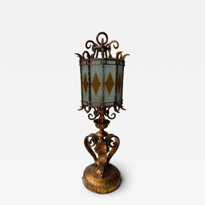  Longobard Large Hammered Glass Wrought Iron Lantern Lamp by Longobard Italy 1970s